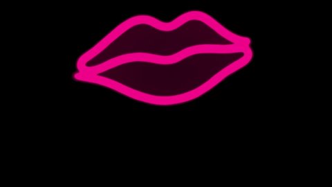 Bright red and pink lips fly on black background isolated. Animation of kiss. Looping video.  Beautiful female lips glow with neon light. Cosmetics. Lipstick, pomade.