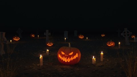 3D Halloween Night background with candles, pumpkins, graves. 3D rendered animation