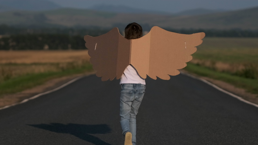 Happy little boy child angel running with toy cardboard plane wings on rural road. Kid aviator pilot of airplane dreams of flying, 4 K slow-mo Royalty-Free Stock Footage #1057314847