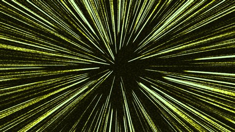 Abstract green yellow light comic anime manga speed lines moving on black background. Light speed, hyper drive, hyper speed effect. 4K grunge radial action speed line motion effect element.