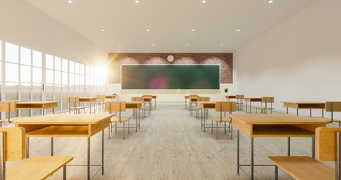 New normal classroom and spacing of tables and chairs to prevent the spread of coronavirus (COVID-19). Interior decor by wood floor texture, empty green board or chalkboard for background. 3d render.