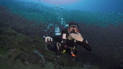 Female SCUBA diving through big school of fish and blows kiss koh tao thailand