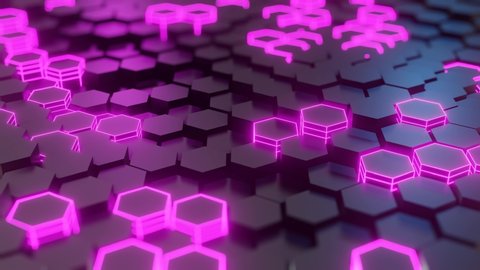 Abstract of futuristic black surface honeycom hexagon pattern with violet light. Moving violet futuristic backgound. 4K 3D loop animation