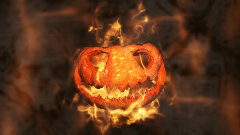 Halloween Pumpkin Jack O’ Lantern Burning in Flames in a Haunted, Scary Ambient. Happy Halloween animation