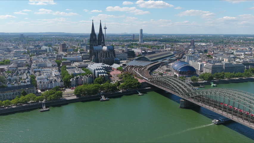 Aerial view of cityscape of Cologne, modern European city on river Rhine - landscape panorama of Germany from above, Europe Royalty-Free Stock Footage #1057327039