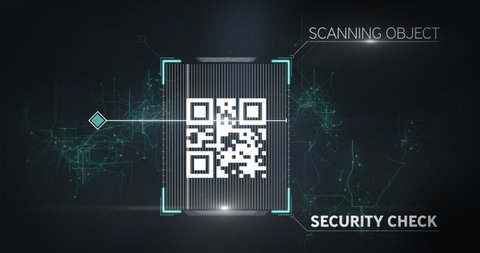 Animation of QR code data scanning and processing and digital interface with green network on black background. Online security concept digitally generated image.