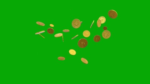 Falling gold coins motion graphics with green screen background