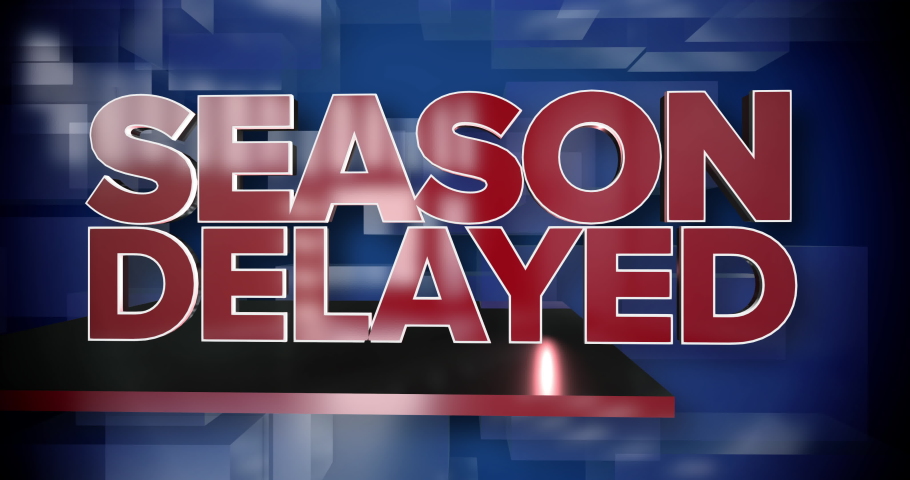 A red and blue dynamic 3D Season Delayed news title page background animation. Many sports programs were postponed in 2020 during the COVID-19 coronavirus pandemic.  	