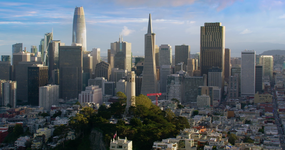 Great aerial view of San Francisco skyscrapers. City skyline. California, United States. Shot on Red weapon 8K.