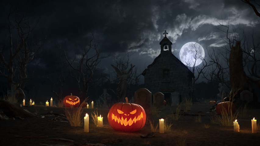 Flying through cemetery. Halloween Night background with candles, pumpkins, graves on ground with full moon sky.