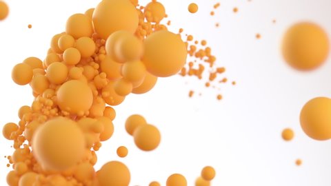 A stream of yellow balls of different diameters, abstract drops of orange juice, bright particles follow each other on a white background, forming an arc. Futuristic design, 3D animation. 库存视频