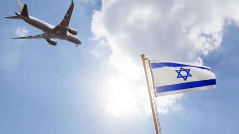 Flag of Israel Waving with Airplane arriving or departing, Realistic Animation