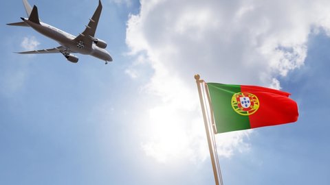 Flag of Portugal Waving with Airplane arriving or departing, Realistic Animation