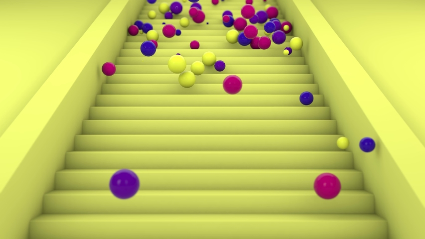 3D animation of a yellow escalator with steps moving to the top and a lot of colorful balls falling on the steps.