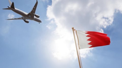 Flag of Bahrain Waving with Airplane arriving or departing, Realistic Animation