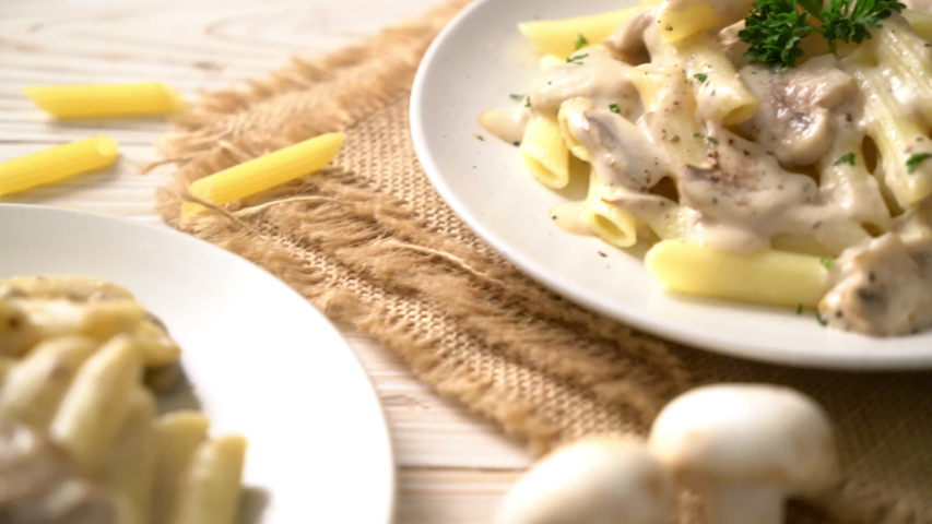 penne pasta carbonara cream sauce with mushroom