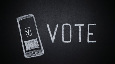 Stop motion of word vote and hand drawn smartphone on chalkboard with ballot being put into box appearing on gadget screen. Animation of remote and absentee voting. Concept of politics