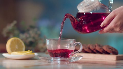 Woman's hand pouring tea from transparent glass jug into a transparent cup of karkade tea with hibiscus flower. Breakfast concept. Lemon slices. Tea time.