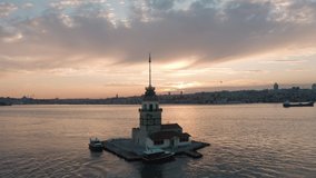 Aerial view of Maiden's Tower and Istanbul Bosphorus. 4K Footage in Turkey