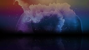Blue purple laser neon circle on grunge sky background. Retro futuristic 80s - 90s abstract motion design. Video animation Ultra HD 4K 3840x2160