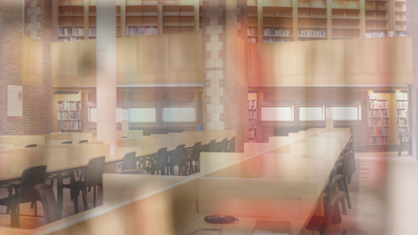 Animation of Caucasian woman in mask for protection against coronavirus Covid 19 over empty college library. Social distancing and self isolation in quarantine lockdown digital composite.