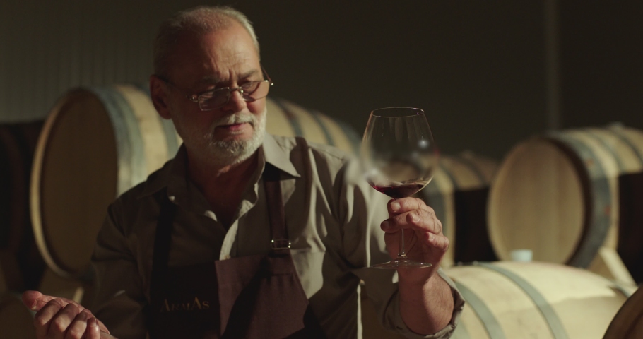Portrait of a senior well-dressed winemaker checking the wine . Positive sommelier mixing red wine in glass evaluating color at tasting . Winemaking concept . Shot on ARRI ALEXA Camera Slow Motion . Royalty-Free Stock Footage #1057391077