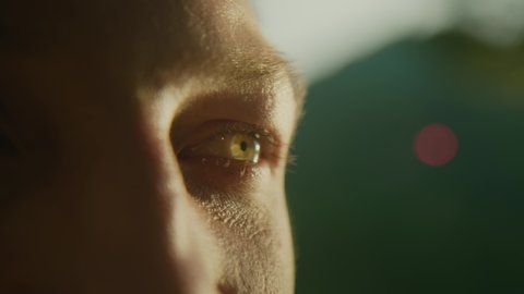 Close-up Portrait of a young man in sunlight. Green eyes of a young guy macro photography, natural beauty. The young guy blinks, dreams. Side view, in profile. Warm color, slow motion. 4K: stockvideo