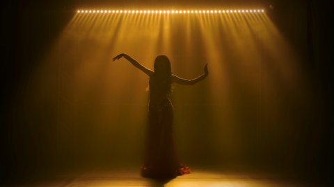 Silhouettes of a woman in exotic costume performs a belly dance moves semi nude body. Shot in a dark studio with smoke and yellow neon lighting. Slow motion.