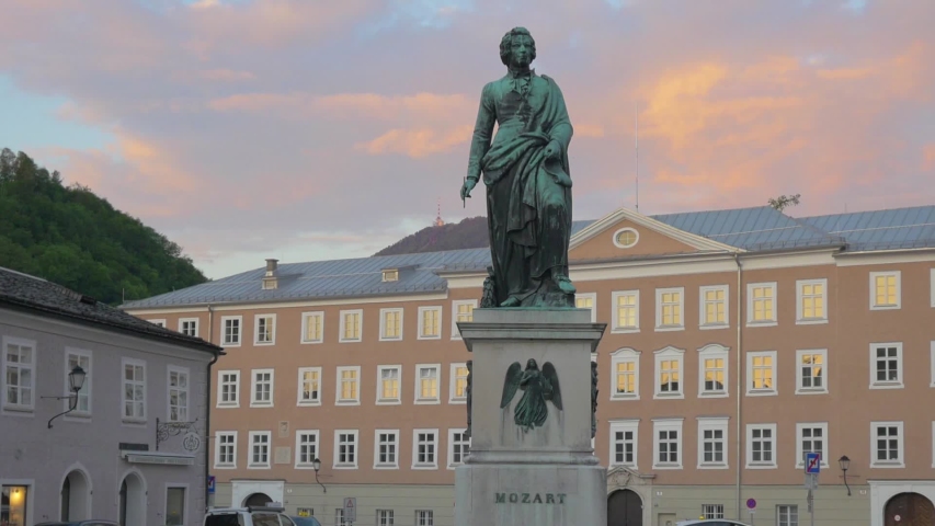 The Mozart Monument at Mozart Square in Salzburg, Austria. Steadicam shot
