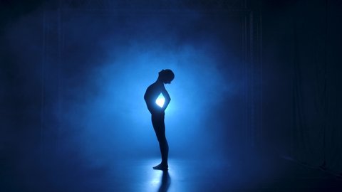 Silhouette a professional ballerina in black bodysuit dancing flexible in darkness under a theatrical blue spotlights of studio. Slow motion.
