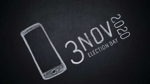 Stop motion of vote word on screen of hand drawn mobile phone and phrase third November 2020 Election Day on chalkboard. Reminder of presidential elections in USA. Concept of politics