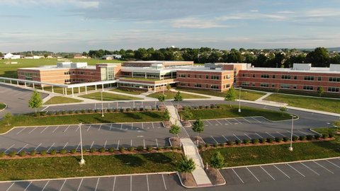 Lancaster , PA / United States - 07 29 2020: Doe Run Elementary Public School building, aerial establishing shot, back to school closed due to COVID coronavirus