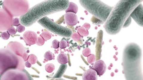 Animation floating through good microbes in the intestine, healthy microbiome