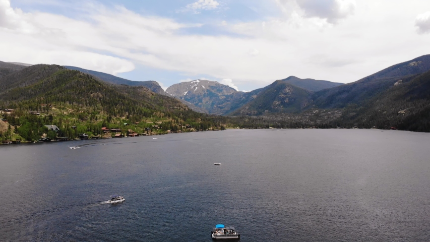 Aerial view of the Grand Lake of Colorado with some boats in the water on a sunny summer day.
