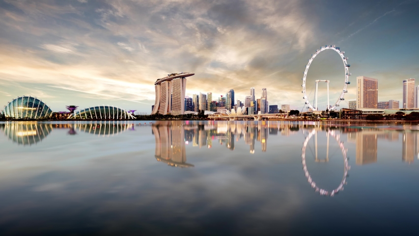 Singapore cityscape at dusk. Landscape of Singapore business building around Marina bay. Time lapse