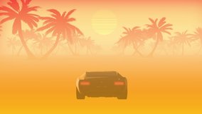 Synthwave Race Car 80s Background. 3d animation