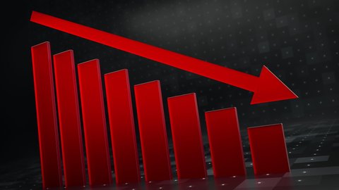 Fall Down Modern Red Graph Bar. Abstract Illustration Plummeting Business 3d Animation. Bad Loss Finance Concept Background. Close-up Chart of Corporate Company Falling Income After Covid19 Pandemic