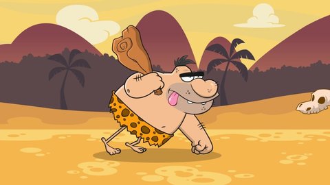 Caveman Funny Cartoon Character With Club Jumping. 4K Animation Video Motion Graphics With Background