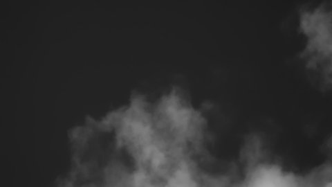 White Steam Crosses the Screen. Clubs of white vapor similar to clouds move slowly on a black background