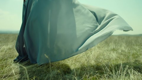 Rear view of woman standing in slow motion through a field . Young stylish lonely girl walking on meadow field . Long skirt fabric flowing by wind . Fashion style . Shot on ARRI Alexa Cinema Camera