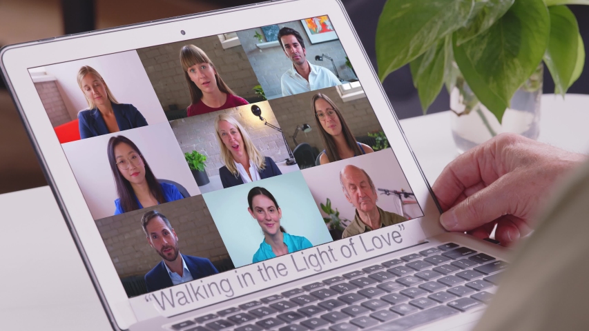 Webcam company team meeting concept. Remote employee conferencing diverse boss and coworkers in online group virtual chat using pc video call app working from home office Royalty-Free Stock Footage #1057443382