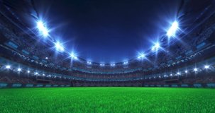 Sport stadium video background with asphalt surface playground, flashing lights and cheering crowd. Glowing stadium lights in 4k loop animation.