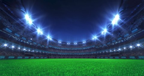 Sport stadium video background with asphalt surface playground, flashing lights and cheering crowd. Glowing stadium lights in 4k loop animation.