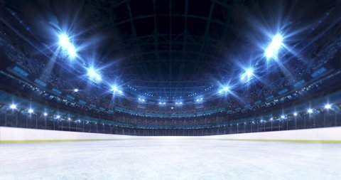 Sport stadium video background with ice rink playground, flashing lights and cheering crowd. Glowing stadium lights in 4k loop animation.