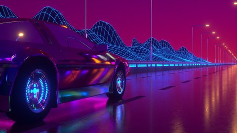 80s retrowave background 3d animation. Futuristic car drive close up. Neon car loop 4k video