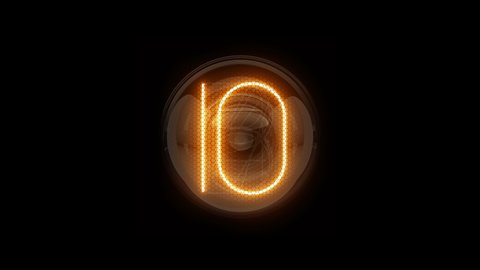 Countdown 10 seconds. Circle neon light 10 seconds countdown on black background. Nixie tube indicator countdown. Gas discharge indicators and lamps. 3D. 3D Rendering
