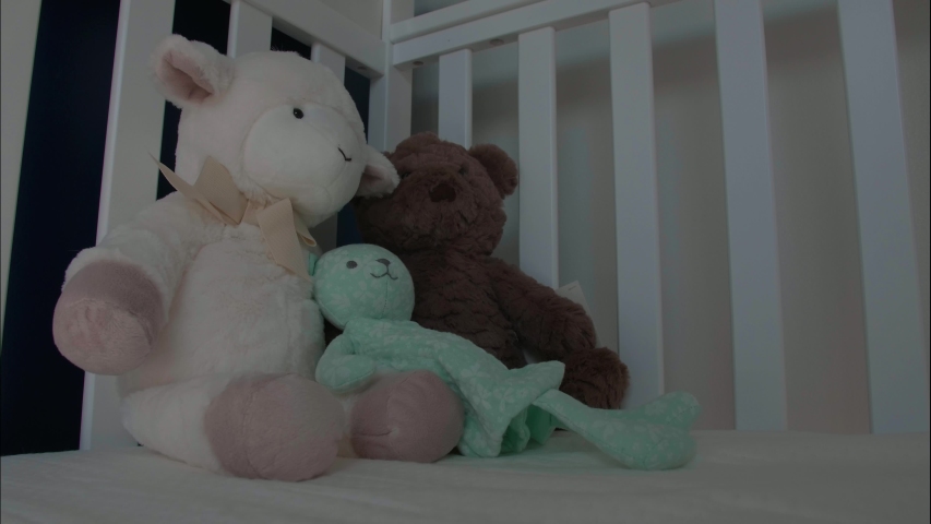 Time-lapse in Nursery. Sun crosses stuffed animals as young couple waits for baby to be born. Waiting to give birth. Cradle, teddy bear, and stuffed lamb animal. Time Passes by in pregnancy. Nesting Royalty-Free Stock Footage #1057461043