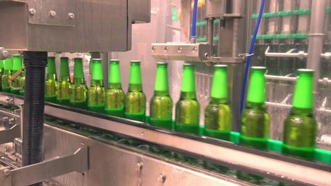 Green Beer Bottling Plant Belt At Beer Factory. Ramp Speed, Slow Motion