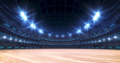 Sport stadium video background with wooden surface playground, flashing lights and cheering crowd. Glowing stadium lights in 4k loop animation.