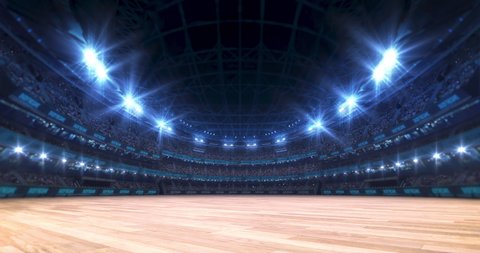 Sport stadium video background with wooden surface playground, flashing lights and cheering crowd. Glowing stadium lights in 4k loop animation. ஸ்டாக் வீடியோ